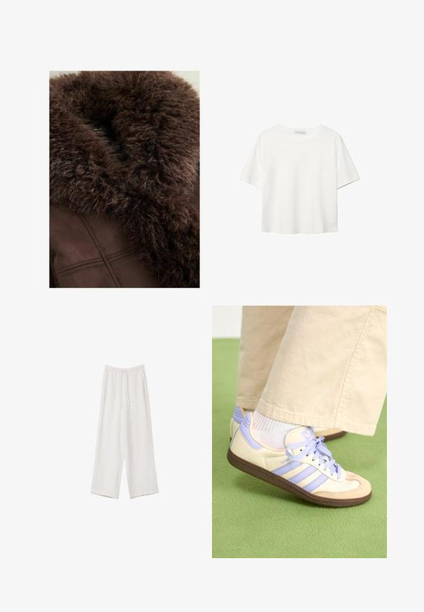 Brauner Kunstfellkragen an einer dunkelbraunen Jacke mit weicher Textur, klaren Linien und einem glatten Stofffinish. Sichtbares Etikett im Inneren.; Weißes T-Shirt mit kurzen Ärmeln aus Baumwolle. Hat einen Rundhalsausschnitt und eine lockere Passform. Glatte Textur ohne sichtbare Muster oder Akzente.; Weiße weit geschnittene Hose aus leichtem Stoff. Mit einem elastischen Bund und Kordelzug sowie Seitentaschen. Glatte Textur.; Cremefarbene und lavendelfarbene Sneakers mit drei Streifen und einer strukturierten braunen Sohle, ausgestattet mit Schnürsenkeln und einer gepolsterten Ferse. Obermaterial aus weichem Stoff.