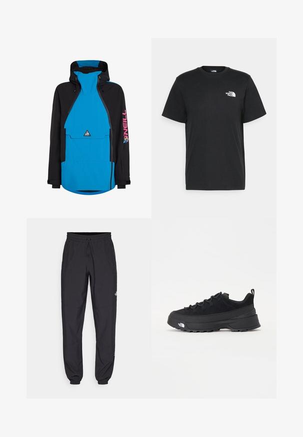 Blue and black waterproof jacket with a hood, featuring a front pocket, adjustable cuffs, and a logo on the sleeve. Front zip closure.; Black cotton t-shirt with short sleeves, crew neck, and a small white logo on the left chest. Simple design, smooth texture, and relaxed fit.; Black athletic pants made from lightweight fabric, featuring a drawstring waistband, side pockets, and tapered cuffs at the ankles.; Black outdoor sneaker with a suede upper, textured rubber sole, and sturdy lacing system. Features a reinforced heel and brand logo on the side.