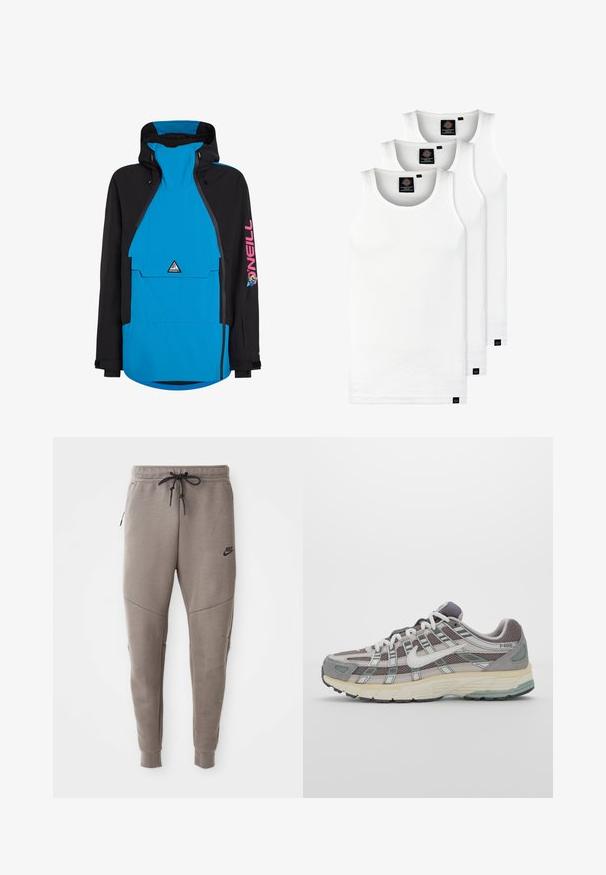 Niebieska i czarna wodoodporna kurtka z kapturem, posiadająca przednią kieszeń, regulowane mankiety oraz logo na rękawie. Zamek błyskawiczny z przodu.; Trzy białe prążkowane koszulki na ramiączkach wykonane z bawełny. Posiadają okrągły dekolt i małe czarne metki blisko dolnego brzegu. Dostępne w różnych rozmiarach.; Szare dresy Nike z elastycznym pasem ze sznurkowym zapięciem, zwężanymi nogawkami, bocznymi kieszeniami i wyraźnymi detalami szwów. Miękka, teksturowana tkanina.; Szare buty sportowe z siateczkowym i zamszowym wierzchem, białymi akcentami, amortyzowaną podeszwą oraz charakterystycznym designem z elementami odblaskowymi.