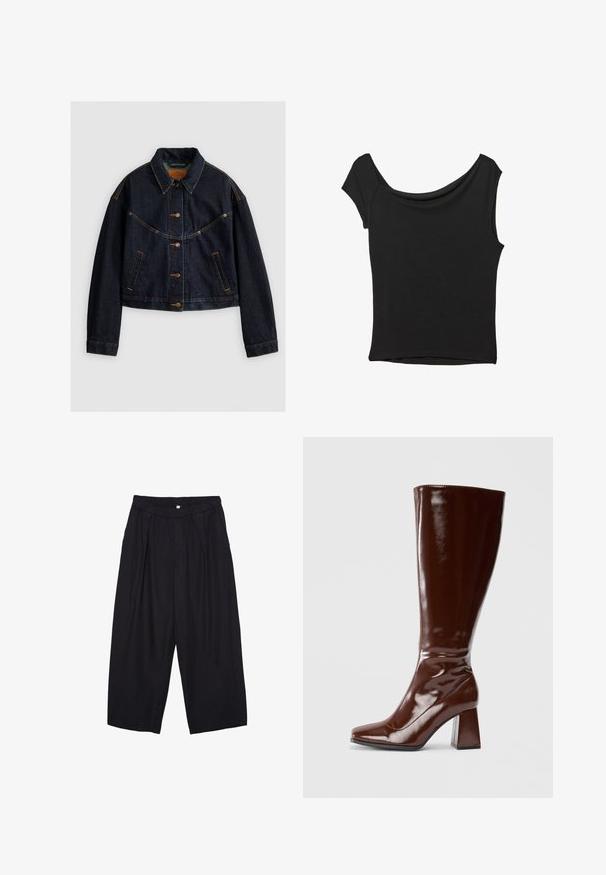 Tamno plava traper jakna s okovratnikom, prednjim gumbima i dva bočna džepa. Ima kontrastno narančasto šivanje i skraćeni dizajn.; Crna majica kratkih rukava od glatkog materijala; ima drapirani izrez i asimetrični donji rub, uz prilagođeni kroj tijela.; Crne poliester hlače culotte s elastičnim pojasom, dva prednja nabora i širokim krojem. Nema vidljivih uzoraka ili metalnih detalja.; Bordo lakirane čizme do koljena s kvadratnim vrhom, sjajnom završnom obradom i debelim potplatom za stabilnost. Bez šavova, bez vidljivih dijelova.