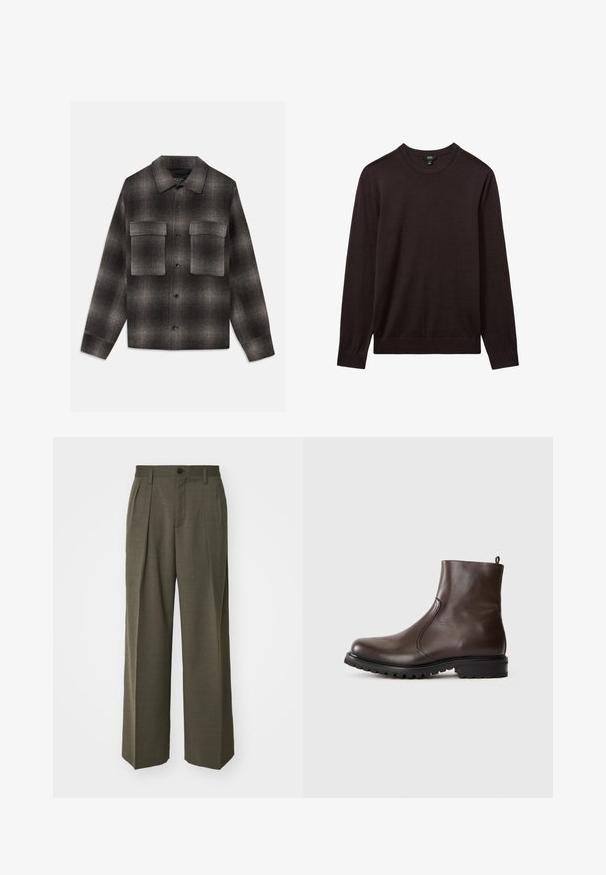 Mörkgrå och svart rutiga knäppjacka med spetsig krage och två stora fickor med lock på bröstet, långa ärmar och rak nederkant.; Reiss Stickad tröja - dark bordeaux; Filippa K WIDE TROUSERS - Tygbyxor - driftwood; Brun läderankelboot med en slät yta, elastiska sidopaneler, dragflik bak och en robust gummisula.