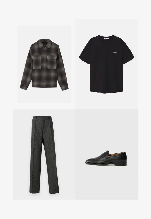 Dunkelgrau und schwarz kariertes Hemdjacke mit spitzem Kragen und zwei großen Klappentaschen auf der Brust, langen Ärmeln und geradem Saum.; Schwarzes Baumwoll-T-Shirt mit Rundhalsausschnitt, kurzen Ärmeln und weißem Logodruck auf der linken Brust. Einfaches, einfarbiges Design.; Graue maßgeschneiderte Hose aus strukturiertem Stoff, mit zwei vorderen Falten und geradem Bein. Keine sichtbaren Taschen oder Verzierungen.; Schwarze Leder-Slipper mit runder Zehenform, dezenten gestickten Details und niedrigem Absatz, ausgestattet mit glatter Textur und minimalistischem Design.