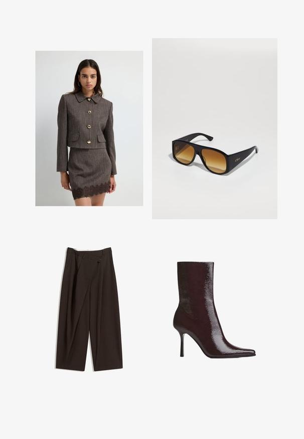 Kvinde iført en brun tekstureret cropped jakke med store guldknapper og nederdel i matchende stil med blondestikning, som står op af en ensfarvet hvid baggrund.; Mørkeblå skjorte med knapper og hvide lodrette striber, lange ærmer, spids krave og en let buet kant, lavet af et glat materiale.; Mørkebrune brede bukser med høj talje, udstyret med en enkelt knaplukning og en plisseret front. Lavet af letvægtsstof.; Bordeaux ankelstøvle med glat finish, spids tå og tynd høj hæl. Det elegante design fremhæver den glatte tekstur og den strømlinede silhuet.; Sorte rektangulære solbriller med brune gradientlinser. Lavet af plast, med en glat overflade og et diskret guld logo på stangen.