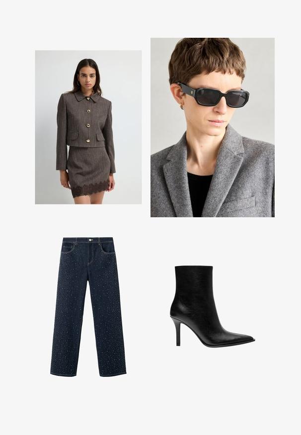 Žena v hnědém strukturovaném zkráceném saku s velkými zlatými knoflíky a odpovídajícími sukněmi s krajkovým lemem, stojící na pozadí bílé stěny.; Bílý dlouhý rukáv top s lodičkovým výstřihem. Vyroben z měkkého materiálu, má zvonové rukávy a rovný lem, nabízí jednoduchý a univerzální design.; Tmavé džíny s širokým střihem, zdobené rozptýlenými kamínky na přední straně. Klasický pětikapsový styl.; Černá kožená kotníková bota s špičatou špičkou, úzkým podpatkem, hladkouTextura a minimalistický design. Žádné viditelné kovové prvky ani akcenty.; Černé obdélníkové sluneční brýle s tmavými skly, matným povrchem a zlatým logem na straně; nošeny s šedým vlněným sakem a černým topem.