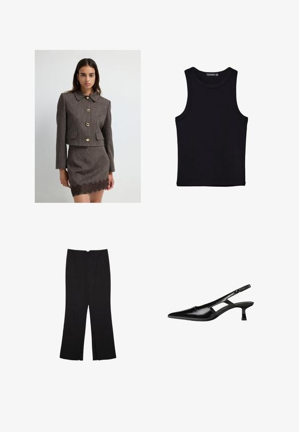 Kvinde iført en brun tekstureret cropped jakke med store guldknapper og nederdel i matchende stil med blondestikning, som står op af en ensfarvet hvid baggrund.; Sort tank top lavet af bomuld, med rund halsudskæring og brede armhuller. Glat tekstur med syede kanter. Klassisk, minimalistisk design.; Sorte bukser med lige pasform, der har frontlommer og slidser i kanten. Lavet af blødt, glat stof. Velegnet til forskellige anledninger.; Sorte patentlæder slingback hæle med spids tå, udskåret sideskærm og en lille firkantet hæl. Glat tekstur med minimale detaljer.