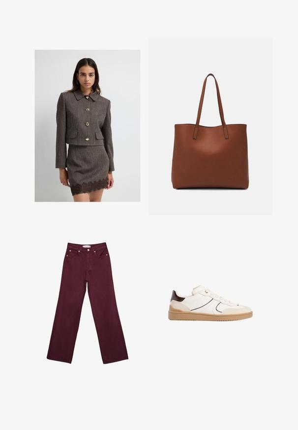 Woman wearing a brown textured cropped jacket with large gold buttons and matching skirt with lace hem, standing against a plain white background.; White short-sleeve t-shirt made of cotton. Features a crew neckline and a relaxed fit. Smooth texture with no visible patterns or accents.; Burgundy high-waisted jeans with straight leg design, featuring front pockets, a button closure, and copper-tone hardware accents.; Stradivarius Trainers - white; Brown leather tote bag with a smooth texture, open top design, and two shoulder straps. Features minimal stitching and no visible hardware.