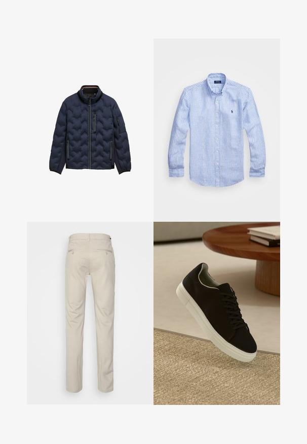 Tamsiai mėlynas siuvinėtas švarkas su aukštu apykakle, priekiniais užtrauktukais, trims užtrauktukais uždaromomis kišenėmis ir elastingomis rankovėmis ant baltos fono.; Mėlynos ir baltos dryžuotos ilgomis rankovėmis medvilninė marškiniai, turintys sagtelę ant apykaklės, priekinius mygtukus ir mažą išsiuvinėtą logotipą krūtinėje.; Bežinės kelnės su lygia tekstūra, tiesiu pjūviu, dviem užpakalinėmis kišenėmis su sagomis ir standartine juosmena.; Juodas sportinis batelis su baltu padu, lekiančius virš smėlio spalvos tekstūruoto kilimo šalia apvalaus medinio stalo su sukrautomis knygomis.