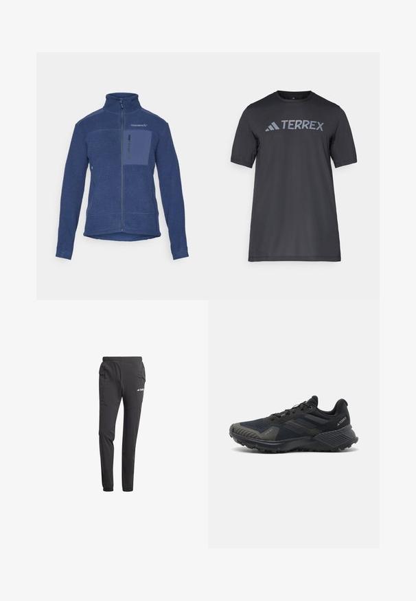 Námořnická fleecová bunda s vysokým límcem, plným zipem a přední kapsou na hrudi. Texturovaná látka s kontrastními hladkými detaily.; Černé tričko s krátkým rukávem vyrobené z lehkého materiálu, s světle šedým logem "TERREX" přes hruď a kulatým výstřihem.; Černé sportovní kalhoty vyrobené z lehkého materiálu, s elastickým pasem, bočními kapsami, zúženými nohavicemi a detailem s logem.; Černé sportovní boty s texturovaným síťovinovým svrškem, gumovou podrážkou a výraznými šedými akcenty na špičce a bočních panelech. Zpevněný design paty.