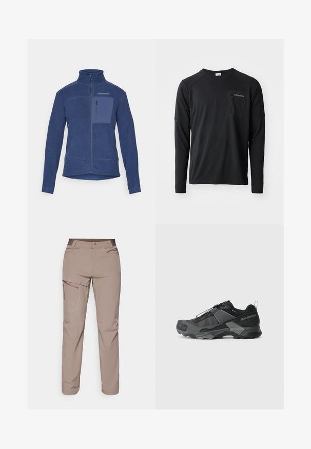 Tumes sinine fliisjakk kõrge kraega, täispikk tõmblukk ja eesmine rinnatasku. Tekstuuriga kangas vastandlike siledate kangaspindade detailidega.; Columbia COLUMBIA TECH™ LONG SLEEVE CREW - Pikkade varrukatega topp - black; Salomon WAYFARER PANTS - Õuepüksid - iron; Musta matkajooksuking, millel on vastupidav sissetõmmatav mesh-ülemine osa, tugevdatud varbavarras, tekstureeritud kummitald ja elastne sidumisüsteem kindla sobivuse tagamiseks.