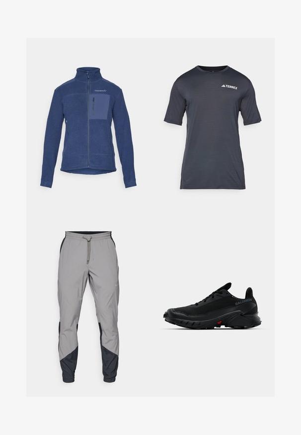 Casaco de fleece da marinha com gola alta, fecho éclair de comprimento total e bolso frontal no peito. Tecido texturizado com detalhes de tecido liso em contraste.; T-shirt de manga curta cinza escuro, feito de material leve e respirável. Apresenta um corte redondo e um logo branco "TERREX" na frente.; Calças de treino leves e cinzentas com detalhes pretos. Cintura elástica, fecho com cordão, design de perna afunilada e bolsos laterais.; Tênis esportivos pretos com um cabedal texturizado, bico arredondado e solado de borracha proeminente. Apresenta um logotipo na lateral e detalhes vermelhos na sola.