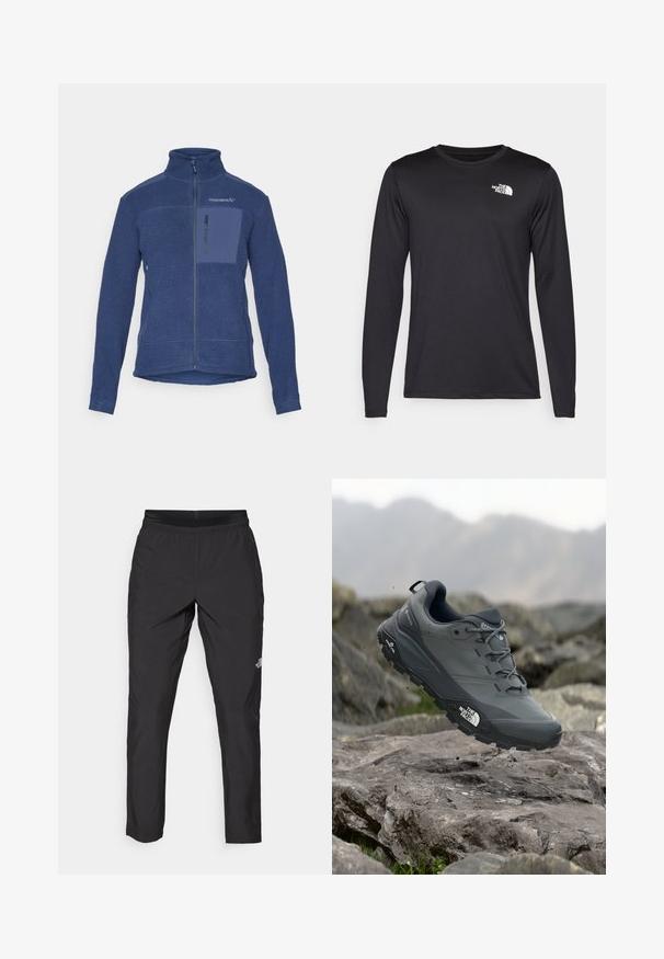 Marinefleecejakke med høy krage, hel glidelås og brystlomme. Teksturert stoff med kontrasterende glatte stoffdetaljer.; Langermet svart prestasjonstrøye laget av lett stoff, med en hvit logo på øvre venstre bryst. Glatt tekstur.; Sorte idrettsbukser med elastisk midje, laget av lett stoff, med en liten logo på underbenet og rett ben-design.; Grå terrengløpesko med en teksturert overdel, slitesterk gummisåle og forsterket tåhette. Inkluderer snørebånd og merkevarelogo på siden.