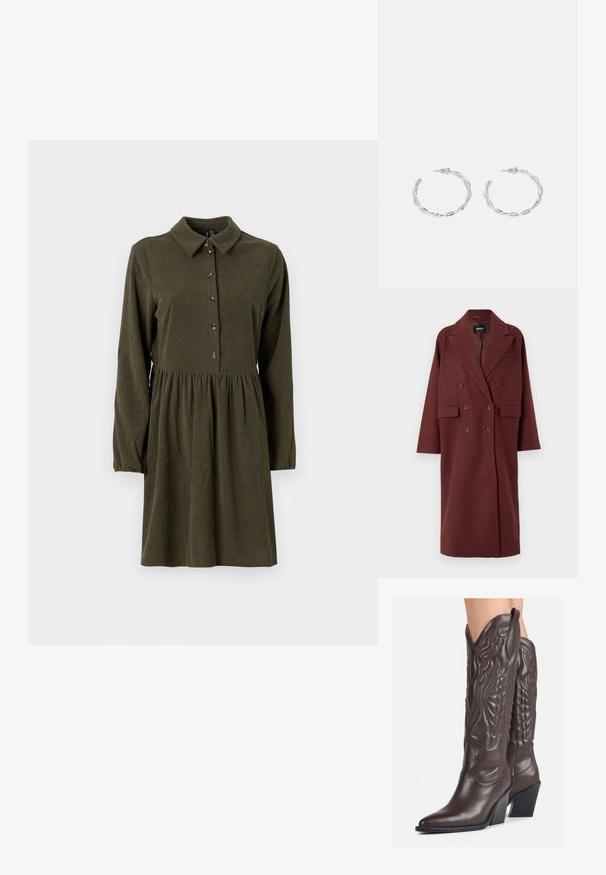 Bordeaux, dubbelzijdig jasje met een opgesneden kraag, zijzakken en een relaxte pasvorm, gemaakt van een wolachtige textuur.; Olijfgroene corduroy jurk met lange mouwen, knoopsluiting aan de voorkant, puntkraag en een uitlopende rok. Bevat een subtiele verticale ribbelstructuur.; Bruine leren cowboylaarzen met een spitse neus en blokhak, voorzien van gedetailleerde stiksels en verhoogde accenten op de schacht.; Kleine crèmekleurige handtas met een textuurafwerking, een lange verstelbare schouderband, een kettingaccent en een klepsluiting. Gouden hardware-details.; Zilveren creolen met een gedraaide ontwerp, voorzien van een gepolijste afwerking en een post-back sluiting. Meet ongeveer 3 cm in diameter.