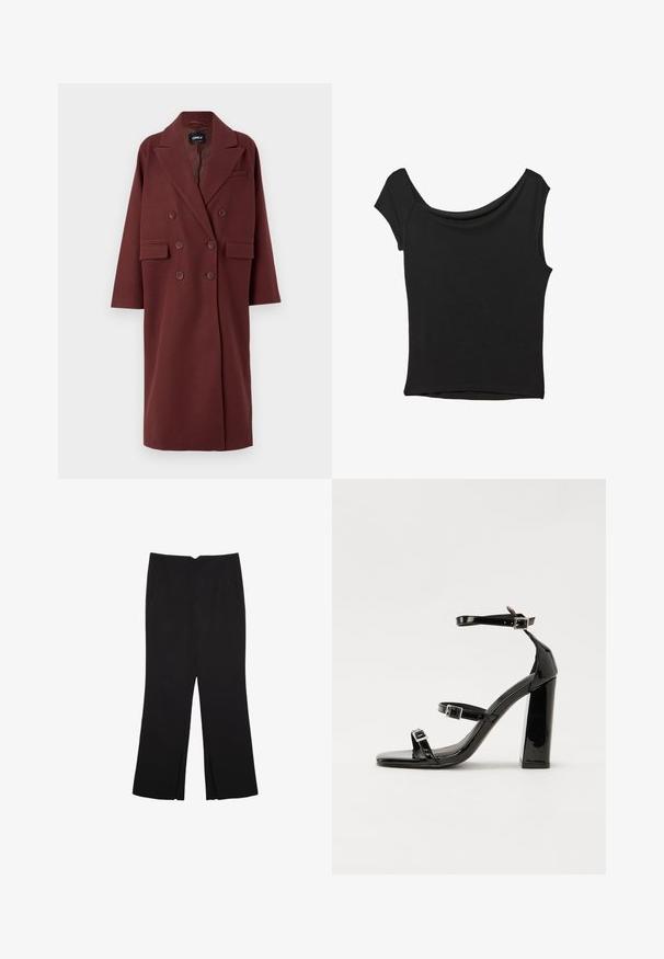 Bordeauxfarbener, doppelt gefütterter Mantel mit Reverskragen, seitlichen Taschen und lockerer Passform, aus einem wollähnlichen Material gefertigt.; Schwarzes Kurzarmoberteil aus glattem Stoff; hat einen drapierten Ausschnitt und einen asymmetrischen Saum, mit einem figurbetonten Körper.; Schwarze Hose mit geradem Schnitt, ausgestattet mit Fronttaschen und Seitenschlitzen am Saum. Hergestellt aus weichem, glattem Stoff. Geeignet für verschiedene Anlässe.; Schwarze patentierte Sandalen mit Absatz, quadratischer Spitze, Knöchelriemen und silbernen Schnallen. Mit einem stabilen Blockabsatz für mehr Stabilität.