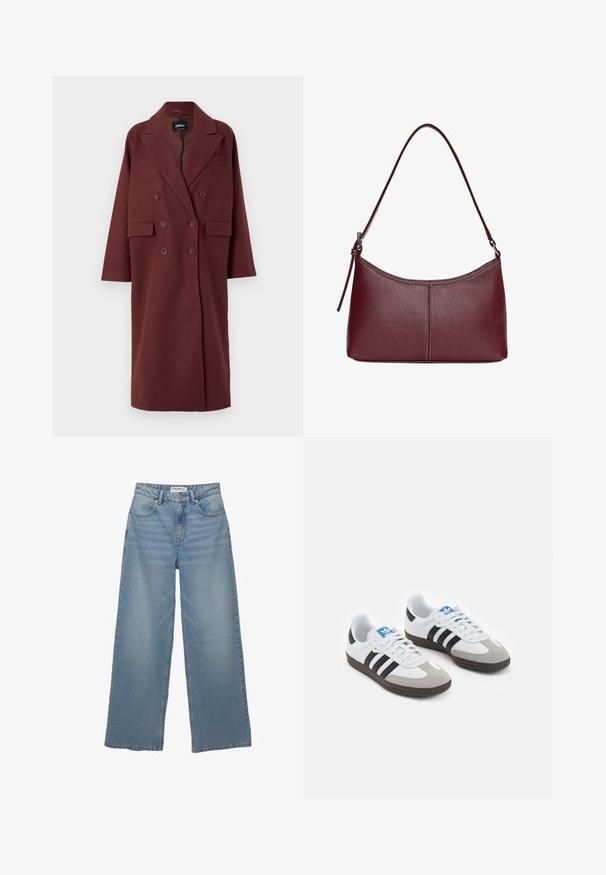 Palton bordeaux, cu două rânduri de nasturi, guler pe vârfuri, buzunare laterale și o croială lejeră, realizat dintr-un material texturat asemănător lânii.; Tricou alb cu mânecă scurtă, fabricat din bumbac. Are un guler rotund și un mic logo negru Adidas pe piept. Tiv drept.; Jeans largi de un albastru deschis, fabricate din denim. Au talie înaltă, cinci buzunare și croială dreaptă, cu o decolorare minimă.; Încălțăminte sport cu un superior din piele albă, vârf din suede gri și trei dungi negre. Prezintă un logo albastru pe limbă și o talpă din cauciuc texturat.; Geantă din piele bordo cu o formă curbată, un singur mânere pentru umăr și detalii cusute în centru. Textură netedă, hardware minim.