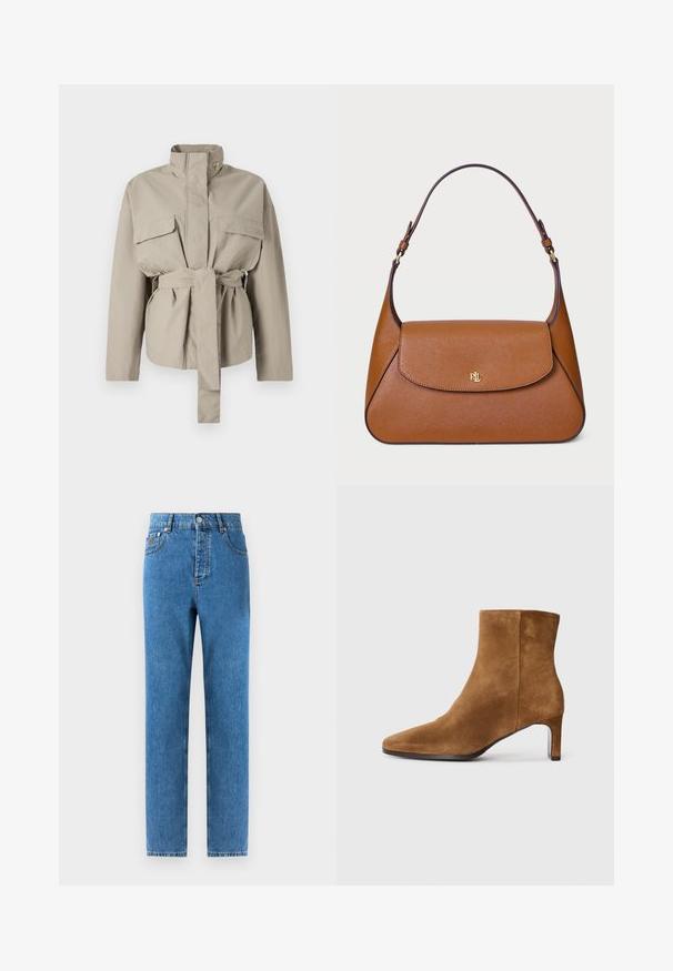 Béžová praktická bunda s vysokým golierom, dlhými rukávmi, dvoma prednými vreckami a viazaním v páse. Vyrobená z hladkej tkaniny s vystuženým strihom.; Béžový rolák vyrobený z mäkkej pleteniny, s dlhými rukávmi a diskrétnym logom značky na hrudi. Dierkované manžety a spodný okraj.; Džínsy v stredne modrej farbe s rovný strihom, piatimi vreckami, gombíkovým zapínaním a jemným vyblednutím látky pre subtilnú variáciu textúry.; Hnedé semišové členkové čižmy s špičatou špičkou a tenkým stredne vysokým podpätkom, bočný pohľad na čisto bielom pozadí.; Hnedá kožená taška s pevnou konštrukciou, plochým vrchným klapkou a jedným zakriveným popruhom. Obsahuje zlaté kovanie s embosovaným logom.