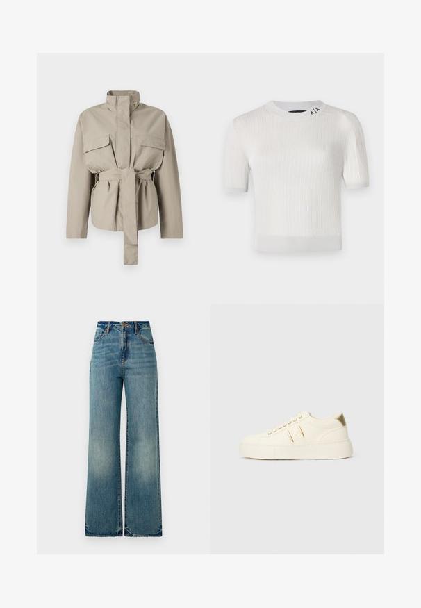 Beige utilityjakke med høj krave, lange ærmer, to forlommer og en bundet talje. Fremstillet af et glat stof med en struktureret pasform.; Hvid kortærmet ribstrikket sweater med rund halsudskæring, prydet med et logodetalje nær kraven og en glat, let skinnende tekstur.; Lysblå denim vidbenede jeans har en høj talje, fem lommer og let rippede kanter, der viser en tekstureret, falmet finish.; Cremefarvet lavtop sneaker med guld accenter, snørebånd og præget "Armani Exchange" branding på sålen og siden.