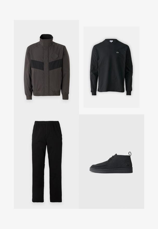 Muška tamnosiva jakna s crnom horizontalnom prugom, visokim ovratnikom, elastičnim manžetama i logom na prsima, izrađena od glatkog, laganog materijala.; Crna majica dugih rukava od pamuka, s okruglim izrezom i malim zelenim izvezenim logotipom krokodila s lijeve strane prsnog dijela.; Crne hlače od pamuka s dodatkom, ravnog kroja, s elastičnim pojasom i dugmetom, bez vidljivih uzoraka ili ukrasa.; Crne antilop čizme do gležnja sa vezicama, kopčom za povlačenje i teksturiranom potplatom, s malim utisnutim logom krokodila sa strane.