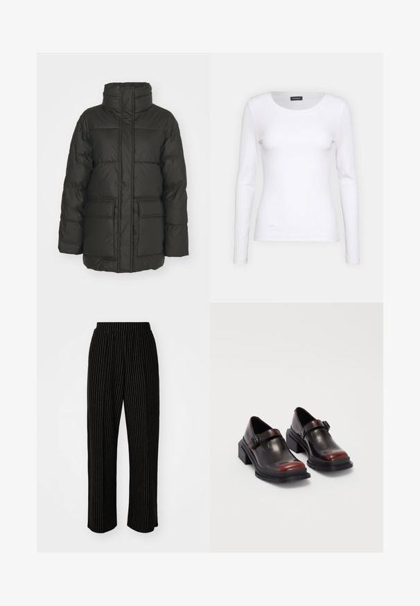 Tamnozeleni puf jakna s visokim ovratnikom, vertikalnim šavovima, dva prednja džepa i kviltanim uzorkom. Lagani i izolirani dizajn.; Bijela rebrasta dugosveđa majica s okruglim izrezom. Izrađena od rastezljivog materijala koji se prilagođava tijelu. Sadrži suptilne horizontalne linije.; Crne široke hlače s bijelim vertikalnim prugama, s elastičnim pojasom za udobnost i glatkom, mekom teksturom.; Cipele s blok potpeticom od kože, s sjajnom tamnocrvenom završnom obradom, opremljene remenom s kopčom i dizajnom s okruglim nosom. Teksturirani đon za prianjanje.