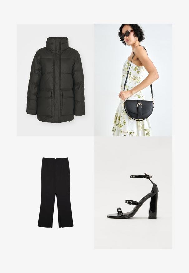 Temnozelena puhovka z visokim ovratnikom, vertikalnimi šivi, dvema sprednjima žepoma in prešito teksturo. Lahka in toplotno izolirana zasnova.; Enostavna črna bombažna majica s kratkimi rokavi in okroglim izrezom, prikazana na belem ozadju.; Črne hlače ravnega kroja z naglavnimi žepi in stranskimi razporki na robu. Narejene iz mehke, gladke tkanine. Primerne za različne priložnosti.; Črne lakaste sandale z visokimi petami, z dvema trakovoma z zaponkama, kvadratnim sprednjim delom in masivno širšo peto, z gladko, sijočo teksturo.; Črna usnjena torbica s ukrivljeno obliko, z odstranljivo naramnico in zlatimi dodatki. Torbica ima pokrov s podrobnostmi v obliki zaponke.