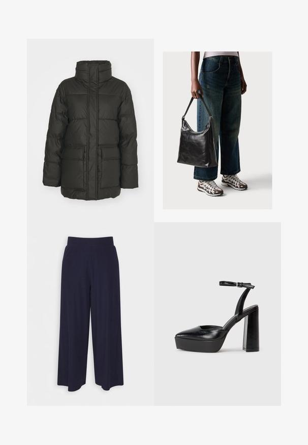 Temnozelena puhovka z visokim ovratnikom, vertikalnimi šivi, dvema sprednjima žepoma in prešito teksturo. Lahka in toplotno izolirana zasnova.; Dve dolge majice z dolgimi rokavi: ena črna in ena bela. Obe imata okroglo ovratnico, raglan rokave in mehko mešanico bombaža.; Široke hlače iz temno modrega blaga z rebrasto teksturo. Imajo gladek pas in tekoč silhueto, ki seže do sredine tele.; Črne platforme z visokimi petami in koničastim nosom ter nastavljivim gležnjenjskim trakom. Narejene iz gladke usnje, s kockasto peto.; Črna usnjena torba za ramo z gladko teksturo in nastavljivim trakom, v kombinaciji z zbledelimi širokimi hlačami in športnimi supergami.