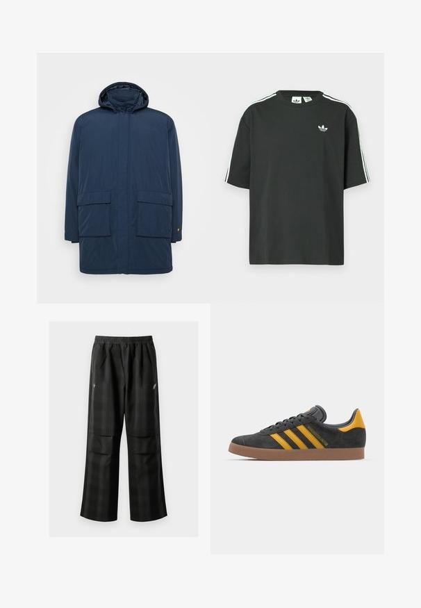 Navy blue waterproof coat with a hood, featuring a front button closure, two large pockets, and a small logo accent on the sleeve.; Black cotton t-shirt with short sleeves, crew neckline, and white three-stripe detailing on shoulders. Features a small white logo on chest.; Black plaid pants featuring an elastic waistband, two front pockets, and a loose fit with a straight leg design. Made from lightweight material.; Black suede sneaker with yellow accents, featuring three stripes and a brown rubber sole. Includes a padded tongue for comfort.