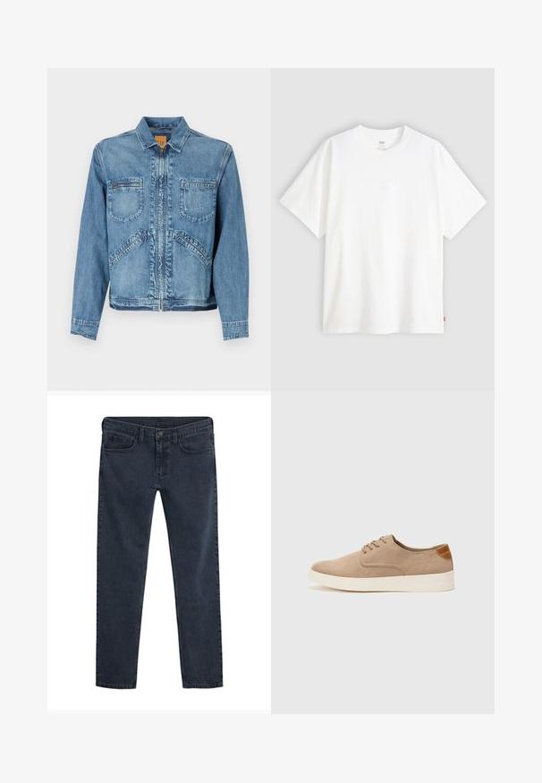 Denimjakke i lys blå med krage, glidelås foran, to brystlommer og skrå sidelommer; strukturert passform.; Hvit t-skjorte med korte ermer laget av bomull, med rund hals. Har diskret preget logo detalj foran og en rød etikett på kanten.; Mørkeblå denimjeans med smal passform, fem-lommers design, knappelukking og en subtil slitt tekstur gjennom hele stoffet.; Beige semskinnsko med rund tå, snøring foran og en teksturert bakre aksent. Hvit gummisåle gir kontrast. Enkelt og moderne design.