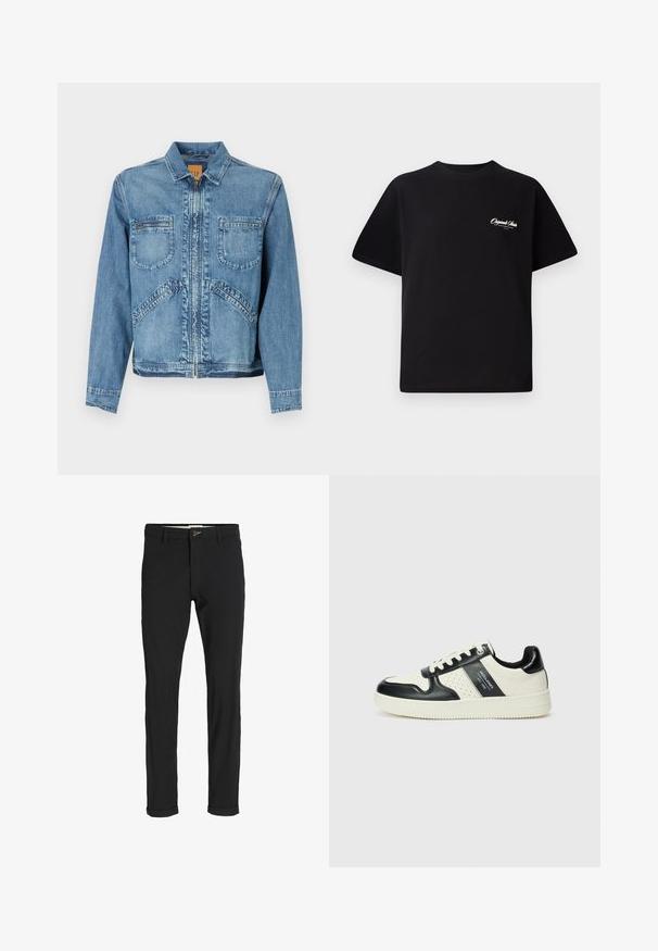 Denim jakna v svetlo modri barvi s ovratnikom, zadrgo, dvema sprednjima žepoma na prsih in kotnimi stranskimi žepi; strukturiran kroj.; Črna bombažna majica s krožno ovratnikom, kratkimi rokavi in majhnim belim logotipom na levem prsnem delu. Preprost dizajn, klasičen kroj.; Črne bombažne hlače iz mešanice tkanin, ožjega kroja, z gumbom za zapiranje, žepi in zavihanimi robovi za sproščen videz.; Usnjeni športni čevlji z črno in krem barvno shemo, ki vključujejo perforirane dodatke, podložen ovratnik in strukturirano podplat.