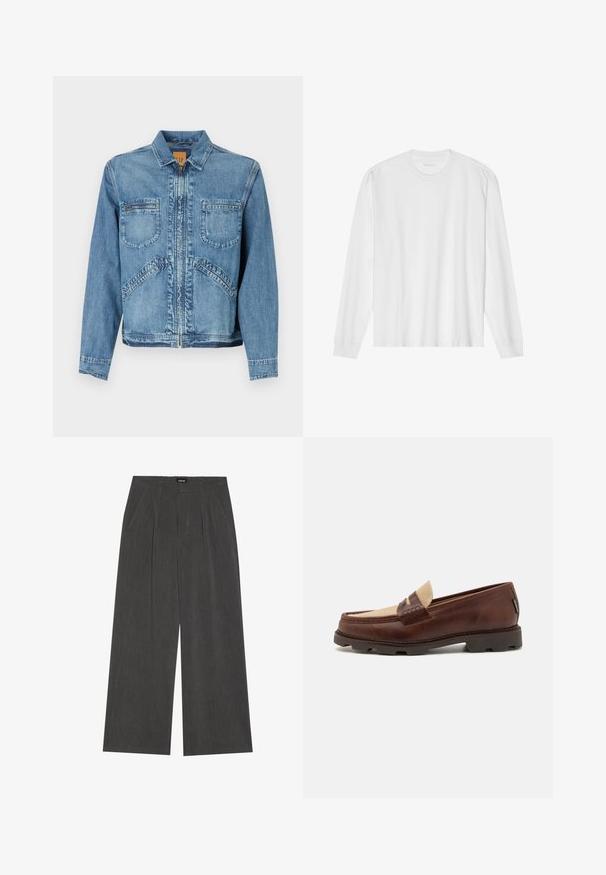 Švarkas iš džinsinio audinio šviesiai mėlynos spalvos, su apykakle, užtrauktuku, dviem krūtinės kišenėmis ir įstrižomis šoninėmis kišenėmis; structūrinis siluetas.; Baltas medvilninis ilgomis rankovėmis marškinėlis su apvalia iškirpte, sukneliu rankogaliais ir tiesia apačia, lygi tekstūra ir minimalistiniu dizainu.; Plati kojinės tamsiai pilkos medžiagos, su raukiniais priekyje, dviem šoninėmis kišenėmis ir plokščiu juosmeniu. Lygus tekstūra ir pritaikyta išvaizda.; Rudi odiniai loafers su taupe audinio akcentu, siuvinėta detalė ir tekstūruota gumine padu, sukurta komfortui ir ilgaamžiškumui.