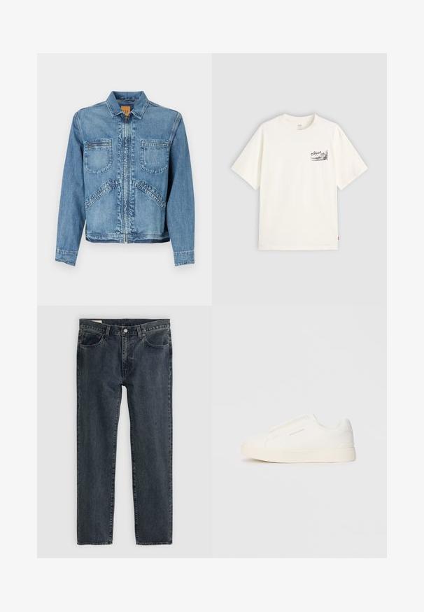 Ljusblå denimjacka med krage, dragkedja, två framfickor på bröstet och snedställda sidfickor; strukturerad passform.; Vit kortärmad t-shirt i bomull med en svart grafisk design på vänster bröstområde med ordet "Fresh."; Mörkblå denimjeans med rak bendesign, fem fickor och knappgylf. Tyget har en subtil blekning och textur.; Vita slip-on sneakers med en texturerad yta, en tjock sula och minimalistisk design. Har varumärkeslogotypen på sidan.