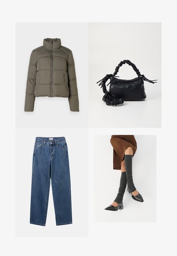 Oliven grøn polstret jakke med høj krave, fuld lynlås foran og sidelommer mod en ensfarvet lys baggrund.; Hvid skjorte med knapper lavet af glat bomuld, der har en klassisk krave, lange ærmer og en buet kant. Knapperne er små og hvide.; Klassiske blå denimbukser med lige ben, fem lommer og knaplukning. Har en medium vask og en robust tekstur.; Sorte patenterede lædersko med spids tå, blokhæl og ankelrem, kombineret med grå ribbede benvarmere og en brun ruskinds nederdel.; Sort kunstlæder håndtaske med krokodilteksur, indsnøret top og en sammenkrøben rem. Ser blød og kompakt ud i designet.