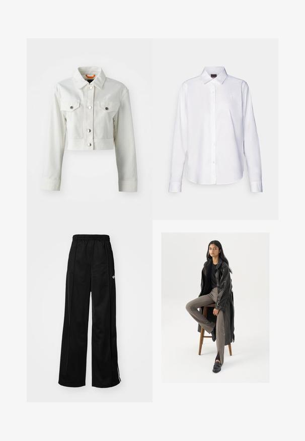 Fehér, rövidített farmerdzseki fém gombokkal, két mellzsebbel és klasszikus gallérral. Simább textúra és testre szabott szabás.; Fehér, hosszú ujjú, gombos ing, pamutból készült. Klasszikus gallér jellemzi, és finoman hímzett márkajelzés található a mellrészen. Sima tapintású.; Fekete, bő szárú tréningnadrág, elasztikus derékkal, fehér oldalsávokkal és egy kis logóval a bal csípőn. Sima anyag textúrával.; Fekete bőr trench coat, gombokkal és öv részletekkel, világosbarna, testhez simuló nadrággal és fekete loaferekkel párosítva, fa bárszéken ülve.