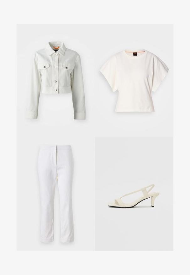 Balta trumpa džinsinė striukė su metaliniais mygtukais, dviem krūtinės kišenėmis ir klasikine apykakle. Lygus paviršius ir pritaikytas siluetas.; Baltas trumpas marškinėliai, plačios trumpomis rankovėmis, minkšta medvilnė, apvali kaklo iškirptė su subtiliu oranžiniu apvadu, minimalus dizainas, be raštų ar grafikų.; Balti medvilniniai kelnių su tiesiu kojų dizainu, turintys vidutinį liemenį ir be matomų detalių ar raštų. Lygi tekstūra visame paviršiuje.; Kreminės blokų kulno šlepetės su plonomis dirželiais ir kvadratiniu pirštu. Lygus medžiaga su minimaliais akcentais, sukurtos lengvam dėvėjimui.
