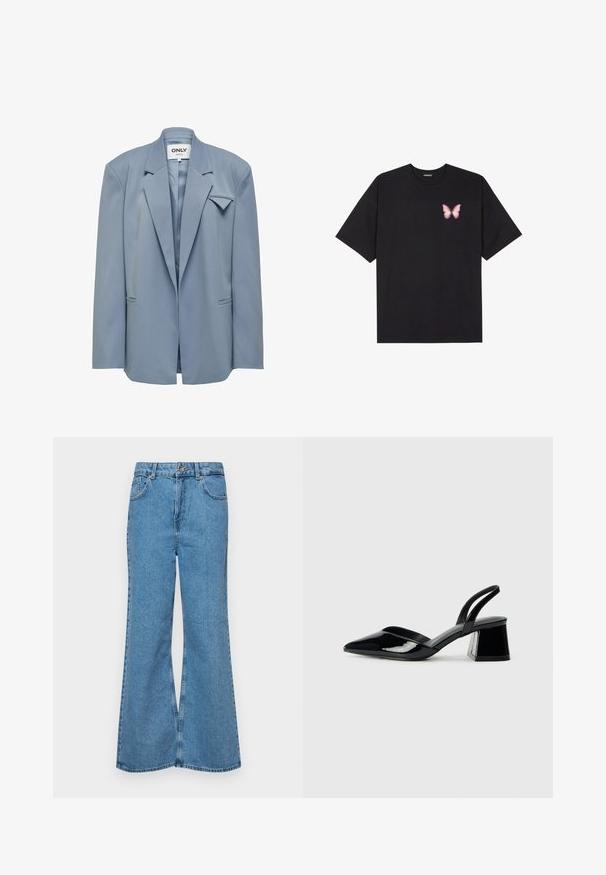 ONLY JOSHA LS EXTRA CC TLR - Palton scurt - windward blue; Tricou negru din bumbac cu mâneci scurte, având pe partea stângă a pieptului un mic grafic cu un fluture roz. Design cu guler rotund și croială lejeră.; Jeanși evazați de culoare albastru deschis, din denim, cu talie înaltă, cinci buzunare și închidere cu un singur buton. Textură moale cu un finisaj decolorat.; Pantofi cu toc slingback din piele lacuită neagră, cu vârf ascuțit și toc geometric. Prezintă un design elegant, minimalist și o textură netedă.