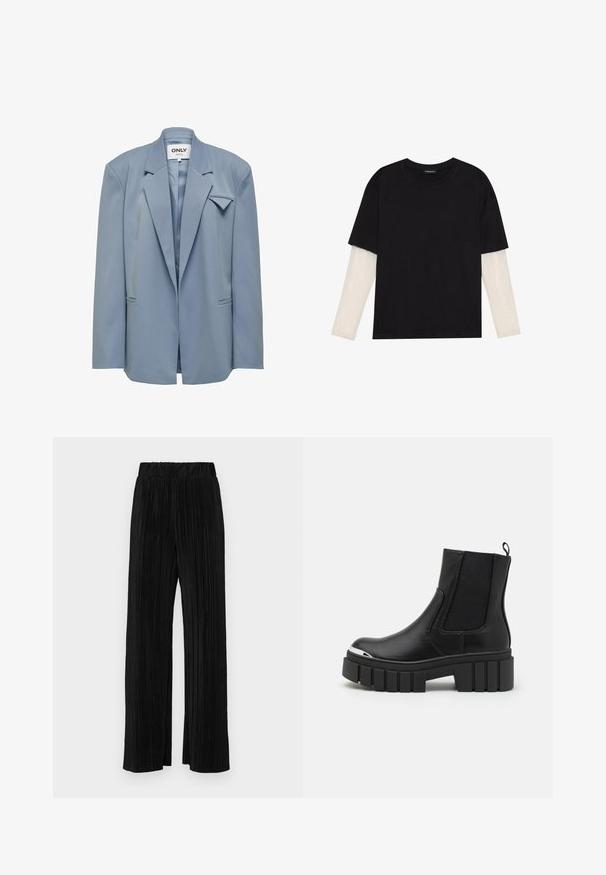 ONLY JOSHA LS EXTRA CC TLR - Halflange jas - windward blue; Zwarte T-shirt van katoen, met korte mouwen over een witte lange mouw laag met een subtiel textuurpatroon. Ronde hals ontwerp.; Zwarte geplooide broek met een elastische tailleband. Beschikt over wijde pijpen en een glad, gestructureerd stof met verticale strepen.; Zwarte enkellaarsjes van soepel leer met elastische panels, een dikke plateauzool en een metalen neuskap.