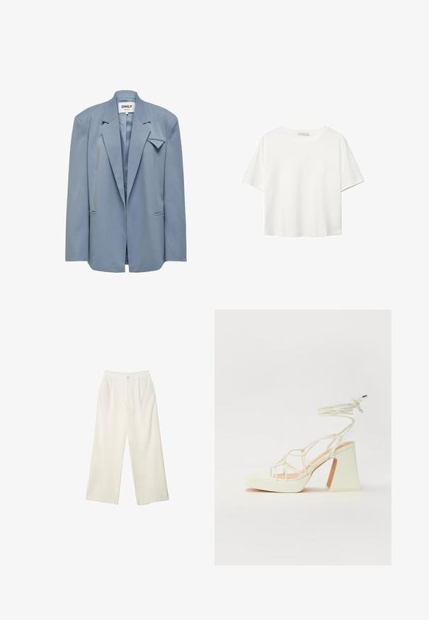 ONLY JOSHA LS EXTRA CC TLR - Korte frakker - windward blue; Hvid kortærmet t-shirt lavet af bomuld. Har en rund halsudskæring og en afslappet pasform. Glat tekstur uden synlige mønstre eller detaljer.; Bredde bukser i cremefarvet stof med en glat tekstur, der har en enkelt knap foran, diskrete folder og design med høj talje.; Hvide højhælede sandaler med en kraftig hæl, der har et stropdesign og ankelbinding. Glat tekstur med en platform foran for ekstra højde.