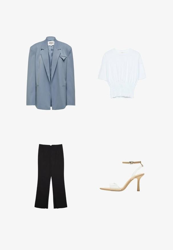 ONLY JOSHA LS EXTRA CC TLR - Krátky kabát - windward blue; Biela krátka T-shirt s voľným strihom a zlaceným textúrou v oblasti pása. Vyrobená z mäkkého, ľahkého materiálu.; Čierne nohavice so strihom rovného strihu, s prednými vreckami a bočnými rozparkami na leme. Vyrobené z mäkkej, hladkej tkaniny. Vhodné na rôzne príležitosti.; Priehľadné sandále na vysokom podpätku s transparentným zvrškom, béžovou stielkou a štíhlym remienkom na členku. Majú špicatú špičku a tenký vysoký podpätok.