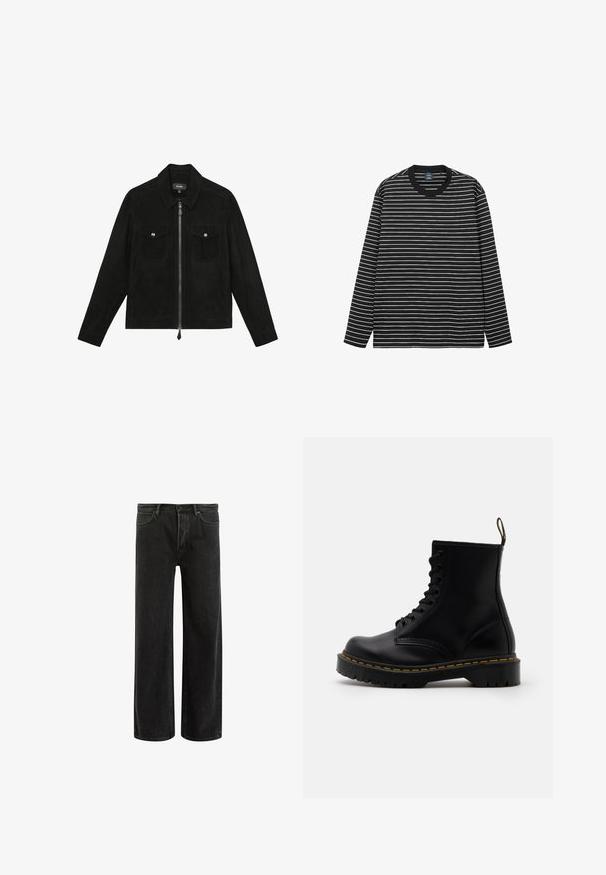 Schwarze Wildlederjacke mit Kragen, Frontreißverschluss und zwei Brusttaschen. Verfügt über silberfarbene Hardware und eine glatte Textur.; Langärmliges T-Shirt mit schwarz-weißen Streifen aus weicher Baumwolle. Es hat einen Rundhalsausschnitt und einen kontrastierenden schwarzen Rippkragen.; Schwarze, weit geschnittene Jeans aus Denim mit hoher Taille, im klassischen Fünf-Taschen-Design und subtilem Verblassen für eine strukturierte Optik.; Schwarze Leder-Ankle-Boots mit schnürbarem Vorderteil, gelben Nähten, runder Zehenpartie und dicker, strukturierter Gummisohle.