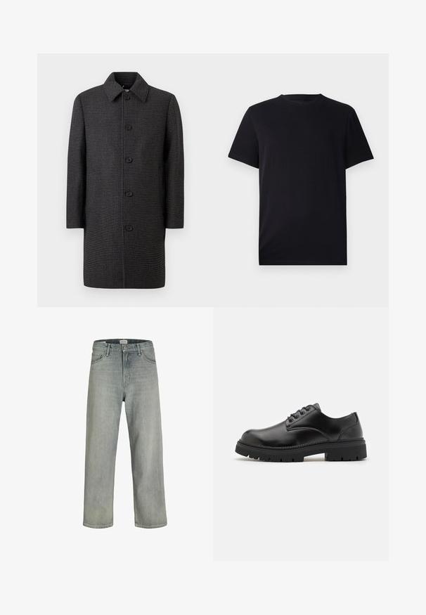 Tamsiai pilkas šunų dantų rašto paltas su smailiu apykakle ir penkiais juodais mygtukais priekyje, ilgomis rankovėmis ir tiesia forma.; Juodas trumpomis rankovėmis marškinėliai, pagaminti iš lygios medvilnės, su apvalia iškirpte ir klasikinio silueto, be jokių raštų ar matomų detalių.; Šviesiai pilkos, laisvai krentančios džinsinės kelnės. Turi klasikinį penkių kišenių dizainą, diržo kilpas ir tiesius kojų siluetus.; Juodi odiniai bateliai su apvaliu nosiu, raištelių užsegimu ir storu, tekstūruotu guminėmis padais. Yra siuvinėjimas per kraštą ir lygus paviršius.