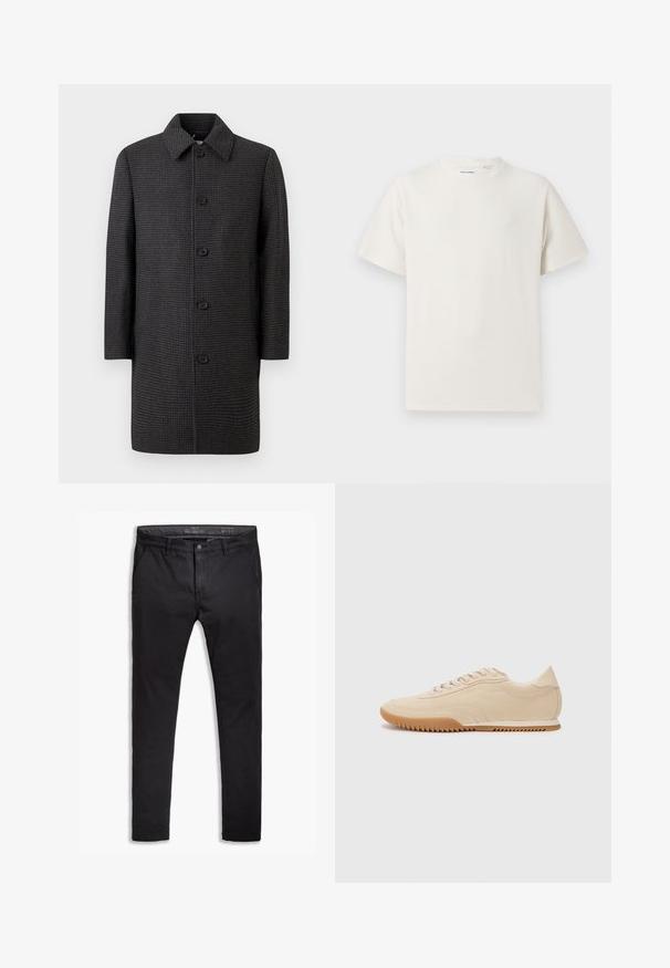 Tumehall hallhargiga koonuskujulise kraega jope, millel on ees viis musta nuppu, pikad varrukad ja sirge lõige.; Valge lühikeste varrukatega T-särk ribakudumises. Ümar kaelus, mugav lõige, nähtavad mustrid ega aksessuaarid puuduvad. Lihtne ja mitmekesine disain.; Mustad puuvillased chinos, mis on kitseneva lõikega, viie taskuga, vöökohaga ja siledast tekstuurist. Zipperiga lukk ja nupuga kinnitamine.; Beez Suede spordijalatsid voolujoonelise disainiga, millel on tekstureeritud ülemine osa, ümar toe ning kummist tallaga, millel on sakiline muster.