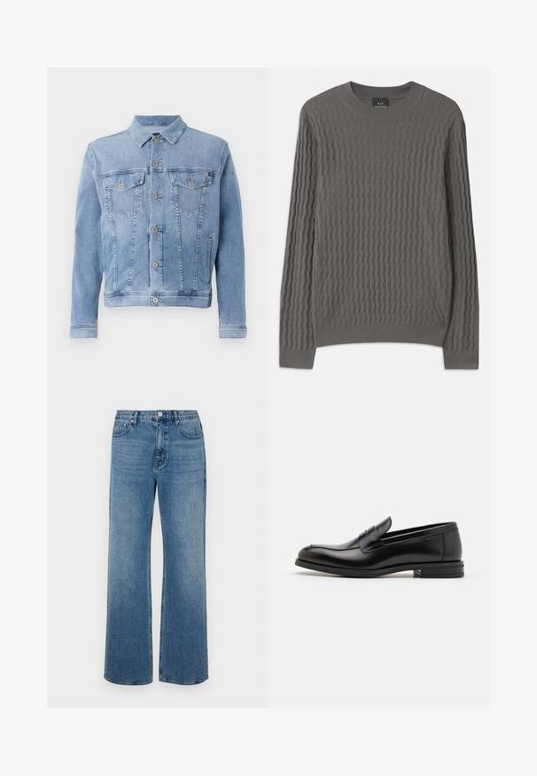 Vaaleansininen farkkutakki, jossa on kauluspaita, kuuden napin kiinnitys, kaksi rintataskua ja minimaalista kulutusta kankaassa.; Armani Exchange Neule - dark gull zig zag; Levelederg blå jeans laget av denim med en falmet finish. Har fem lommer, glidelås foran og rett snitt.; Mustat nahkakengät, joissa on sileä pinta, pyöreä kärki ja koristeellinen nauha jalkapöydän yli. Matala pinoitu koroke, minimalistinen muotoilu.