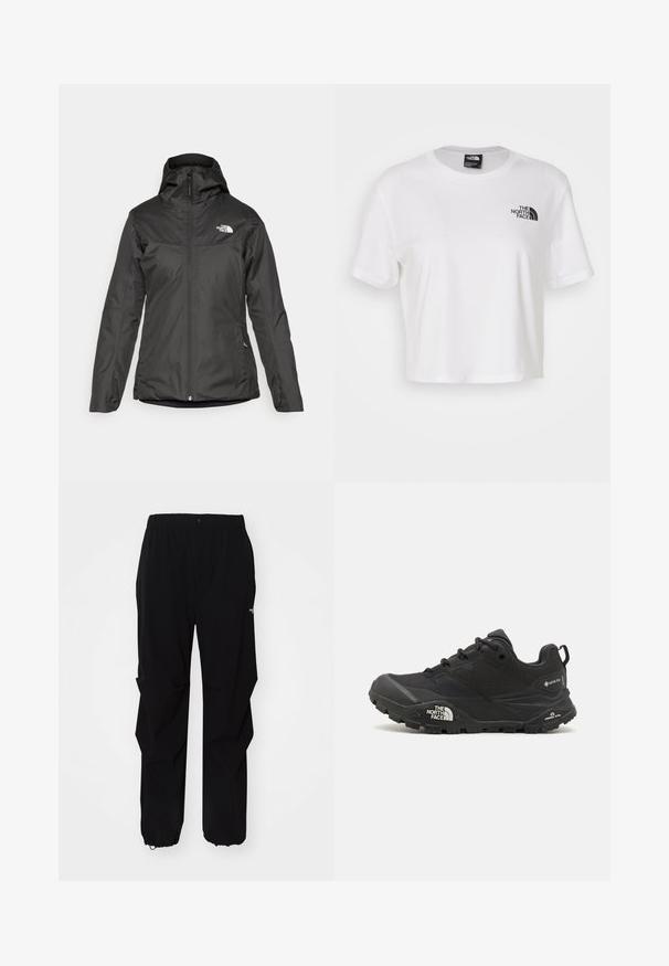 Černá izolovaná bunda s kapucí, plným předním zipem a elastickými manžetami. Vyrobena z hladkého, voděodolného materiálu s detailním logem.; Bílé zkrácené tričko vyrobené z bavlny s kulatým výstřihem a krátkými rukávy. Na levé části hrudi je černé logo.; Černé venkovní kalhoty vyrobené z odolného materiálu, se uvolněným střihem, elastickým pasem a staženými manžetami pro nastavitelné délky.; Černá turistická bota s texturovaným svrškem, šněrováním a masivní gumovou podrážkou, která má výrazné logo po straně a vzory na podrážce.