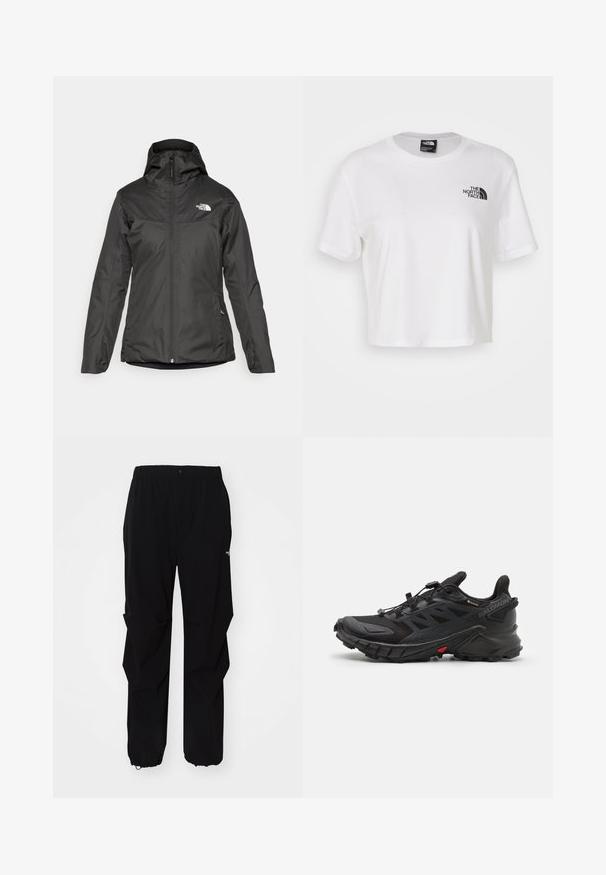 Schwarze isolierte Jacke mit Kapuze, durchgehendem Reißverschluss und elastischen Bündchen. Hergestellt aus glattem, wasserabweisendem Material mit Logodetail.; Weißes, kurzes T-Shirt aus Baumwolle mit Rundhalsausschnitt und kurzen Ärmeln. Mit einem schwarzen Logo auf der linken Brust.; Schwarze Outdoor-Hosen aus langlebigem Material, mit lockerer Passform, elastischem Bund und verstellbaren Bündchen für variable Längen.; Schwarze Sportschuhe mit einer strukturierten Oberfläche, ausgestattet mit einem sicheren Schnürsystem, einer gepolsterten Sohle und einem markanten roten Akzent an der Seite.