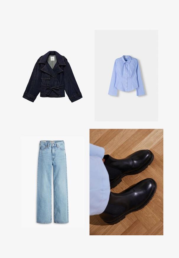 Mango MAR - Jachetă din denim - blue; Cămașă cu dungi albastre și albe, cu mâneci lungi, guler deschis, croială ajustată și tiv curbat. Material din bumbac texturat.; Blugi cu talie înaltă, de culoare albastru deschis, cu croi larg, prevăzuți cu nasture și fermoar la față, bucle pentru curea și un stil cu cinci buzunare.; Cizme negre până la gleznă, fabricate din piele netedă, cu panouri elastice pe laterale, o talpă din cauciuc texturat și cusături în contrast pe margine.