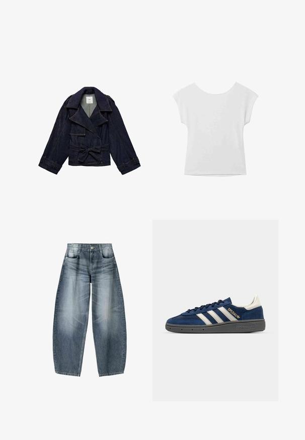 Mango MAR - Farkkutakki - blue; Valkoinen lyhythihainen paita, jossa on pyöreä pääntie ja rento malli. Valmistettu sileästä kankaasta, jossa on hienovarainen rakenne ja siistit linjat.; Laivahousut, jotka on valmistettu vaaleansinisestä denimmateriaalista, jossa on haalistumista. Niissä on viisi taskua, nappisuljenta ja vain vähäisiä ompelutietoja.; Laivastonsininen samettinen lenkkari valkoisilla raidoilla, kultaisella "Spezial" yksityiskohdalla, harmaalla tekstuurilla varustettu pohja, pyöristetty kärki ja vastaavat nauhat. Klassinen muotoilu.