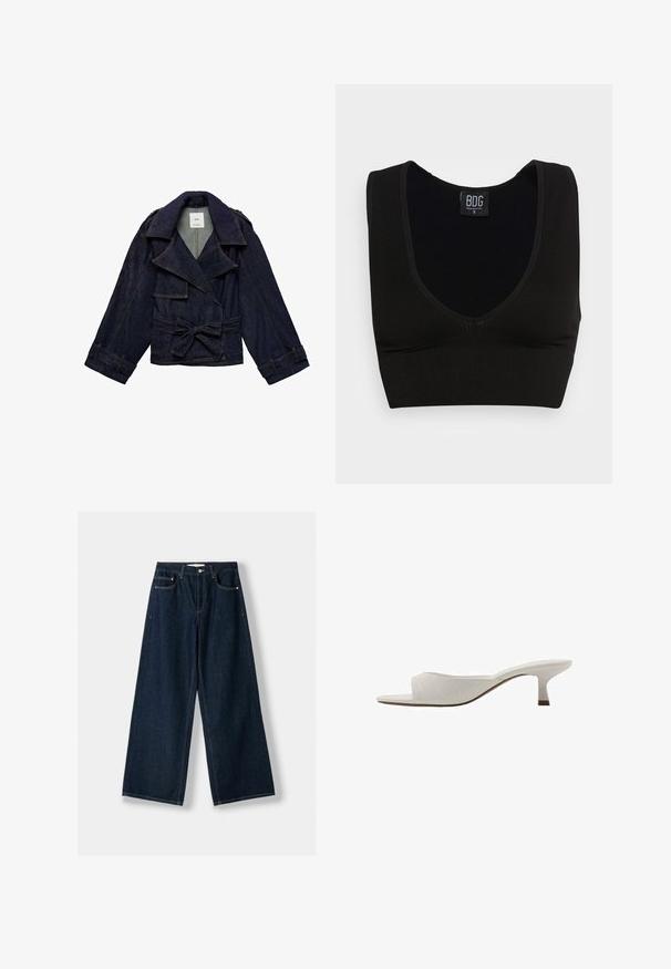 Mango MAR niebieski; Czarny prążkowany crop top z szerokimi ramiączkami i głębokim dekoltem w kształcie V. Metka mówi "BDG", rozmiar mały, charakteryzujący się gładką fakturą i dopasowanym krojem.; Granatowe, szerokie dżinsy wykonane z denimu. Posiadają pięć kieszeni, zapięcie na guzik i zamek błyskawiczny oraz detale w kontrastowym stichu.; Białe sandały na otwartym palcu z wygiętym wzorem, niskim obcasem, gładką fakturą i subtelnym zdobieniem w postaci ściegów. Brązowy akcent na podstawie obcasa.