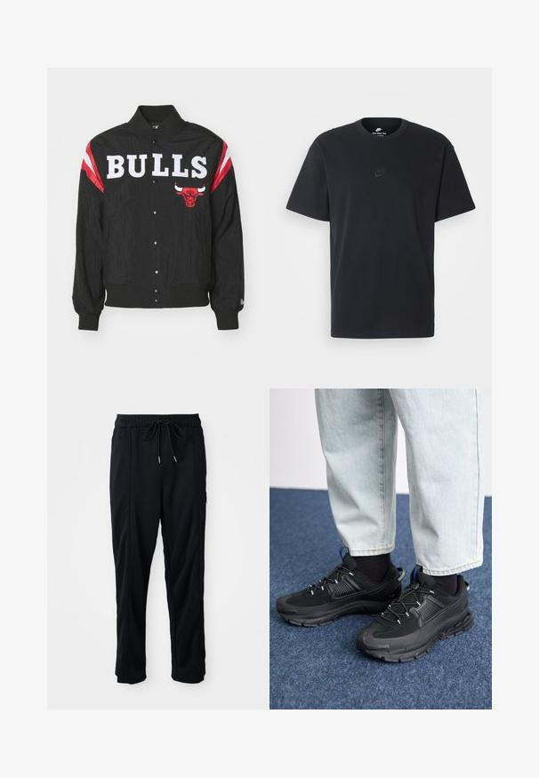 New Era NBA CHICAGO BULLS PANEL BOMBER - Klubruházat - black/red; Fekete pamut póló Nike márkájú, klasszikus, kerek nyakú, rövid ujjú, és letisztult, dombornyomott logóval a mellkason. Simább textúra.; Fekete húzózsinóros, kényelmes nadrág oldalsó varrású zsebekkel és egyenes szabással, egyszínű háttéren.; Fekete sportcipők texturált anyaggal és gumitalppal, elasztikus fűzőkkel és kék kiegészítővel a saroknál. Világos farmernadrággal viselve.