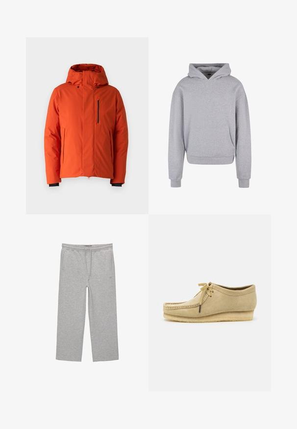 Save the duck ULMUS pomarańczowy; Szary bawełniany hoodie z kieszenią z przodu, kapturem ze sznurkiem oraz ściągaczami przy mankietach i u dołu. Charakteryzuje się miękkim, teksturowanym wykończeniem.; Szare bawełniane spodnie dresowe z elastycznym pasem, sznurkiem i dwoma bocznymi kieszeniami; prosty krój nogawki, miękka tekstura, bez wzorów.; Beżowe zamszowe buty z sznurowaniem, przeszyciami i gumową podeszwą. Kształt jest casualowy z lekkim obcasem na poziomie.