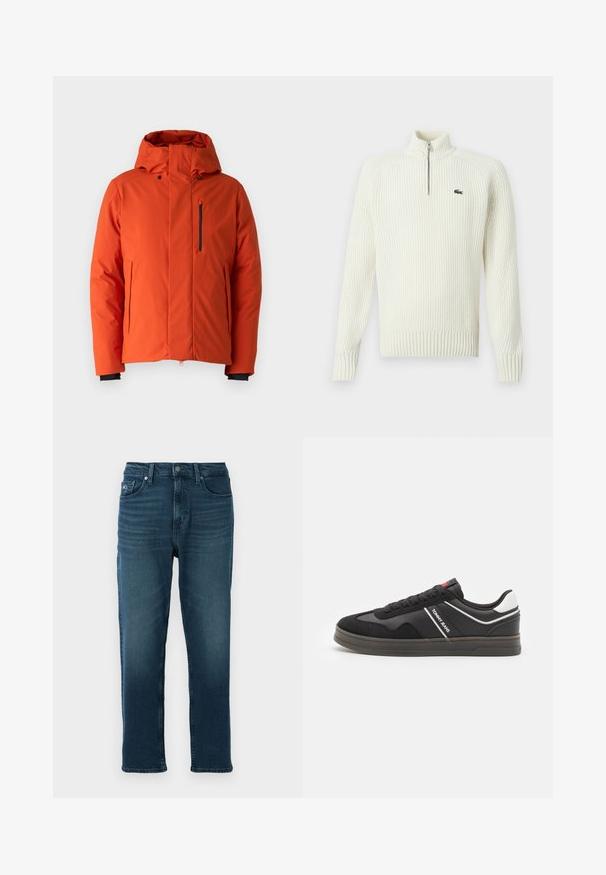 Save the duck ULMUS - Winter jacket - maple orange; Cream-colored knitted zip-up sweater with ribbed texture, high collar, and a small green logo on the left chest. Long sleeves and fitted hem.; Dark blue denim jeans with a straight leg design, five pockets, and a button front closure. Smooth texture with slight fading details.; Tommy Jeans RETRO CUPSOLE - Trainers - black