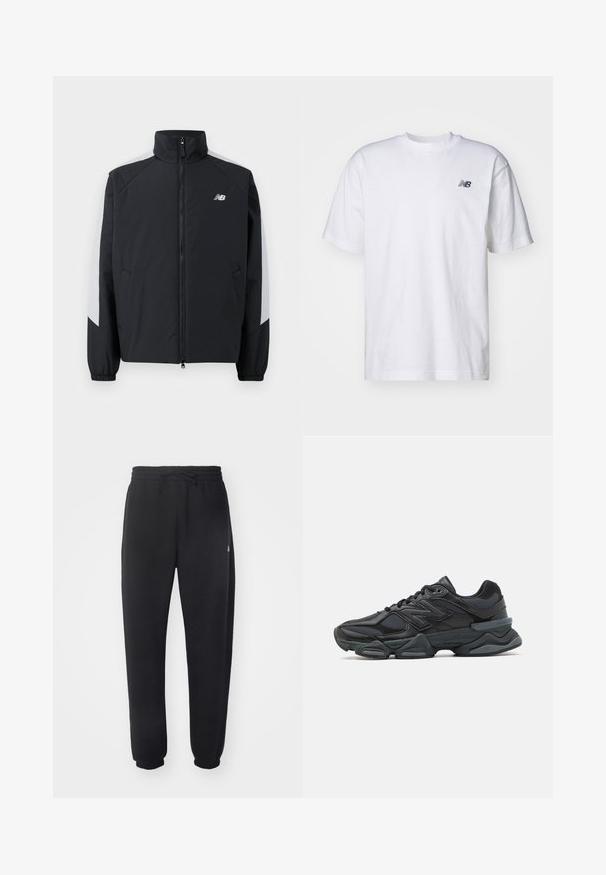 Giacca nera con colletto alto, zip frontale e accenti grigi sulle spalle. Caratterizzata da polsini elastici e tasche laterali.; T-shirt bianco a maniche corte con scollo rotondo e piccolo logo nero New Balance sul lato sinistro del petto, su uno sfondo neutro.; Pantaloni della tuta neri realizzati in materiale morbido con vita elastica, coulisse e polsini aderenti, caratterizzati da un logo sottile sul lato.; Scarpa da corsa nera con una combinazione di materiali in rete e sintetici, suola spessa, design curvo e marchio ben visibile sul lato.