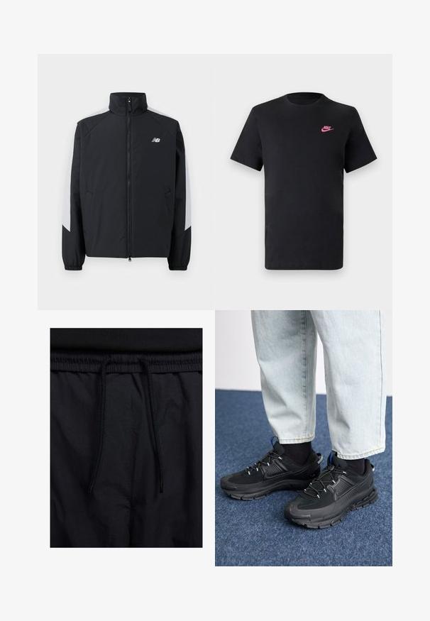 Schwarze Jacke mit hohem Kragen, vorderem Reißverschluss und grauen Akzenten auf den Schultern. Verfügt über elastische Bündchen und Seitentaschen.; Schwarzes Baumwoll-T-Shirt mit rundem Ausschnitt und kurzen Ärmeln. Mit einem pinken Nike-Logo auf der oberen linken Seite. Glatte Textur.; Schwarze Shorts mit einem Kordelzugbund, leichtem Stoff mit glatter Textur und einem schlichten Design ohne sichtbare Logos oder Muster.; Schwarze Sportschuhe aus strukturiertem Stoff mit Gummisohlen, ausgestattet mit elastischen Schnürsenkeln und einem blauen Akzent an der Ferse. Getragen mit hellen Jeans.